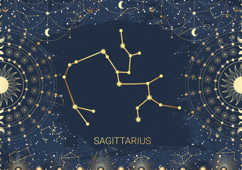Hand drawn card of golden Sagittarius, Sun, Moon, star. Constellation celestial space. Zodiac horoscope symbol, star astrology, astrology sign, icon. Magic space galaxy, vector sketch illustration