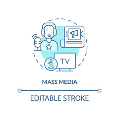 Mass media turquoise concept icon. Large audience communication. Social institution abstract idea thin line illustration. Isolated outline drawing. Editable stroke. Arial, Myriad Pro-Bold fonts used