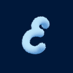 3d alphabet, furry letter E, 3d illustration on blue background