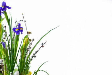 Elegant spring, Easter flower arrangements of irises, tulips, daffodils and willow branches,...