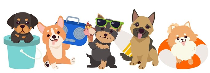 The collection of cute dog and friends with summer theme in flat vector style. illustration animal and pet for graphic.