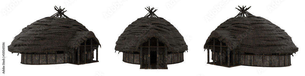 Poster Round shaped medieval building with thatched roof. 3D rendering with 3 views isolated on white with clipping path.