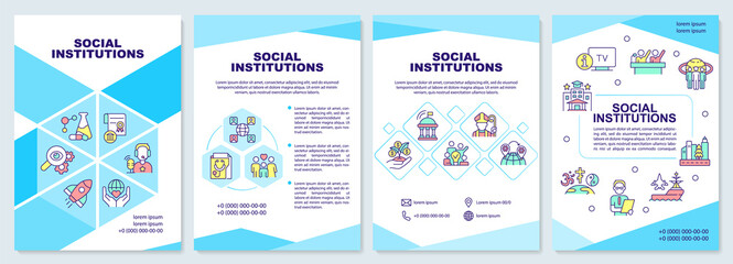 Fototapeta na wymiar Social institutions brochure template. Set of rules and norms. Leaflet design with linear icons. 4 vector layouts for presentation, annual reports. Arial-Black, Myriad Pro-Regular fonts used