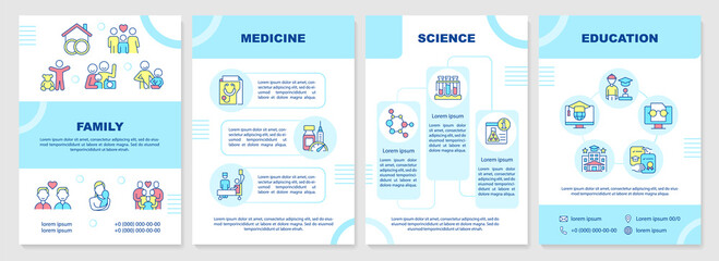 Social institutions examples brochure template. Pattern of behavior. Leaflet design with linear icons. 4 vector layouts for presentation, annual reports. Arial-Black, Myriad Pro-Regular fonts used