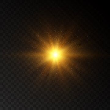 Bright Yellow Golden Glow Light Effect With Rays And Glare For Vector Illustration. Bright Sun