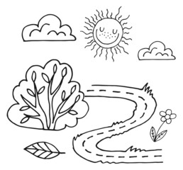 Summer nature child drawing. Coloring book landscape page
