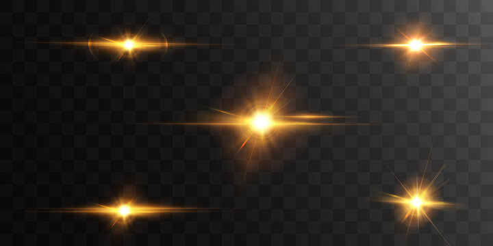 Set of light effects golden glowing light isolated on transparent background. Solar flare with rays and glare. Glow effect. Starburst with shimmering sparkles.	
