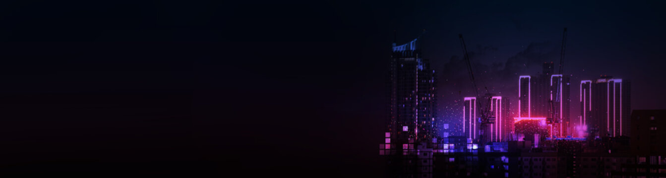 Smart City With Purple Light Neon Color, Big Data Connection Technology Concept. Banner Smart City Purple Light Neon Color. Futuristic Tone Purple, Neon Color.