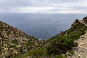 Fototapeta na wymiar Landscape of Favignana and Levanzo seen from a path of Marettimo island. (Egadi) Aegadian Islands, Trapani, Sicily, Italy