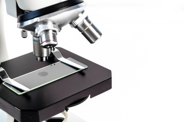 Lens of microscope close up. Research in scientific medical laboratory