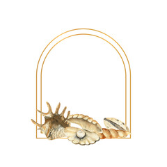 Obraz premium Hand-drawn Gold frame with shells, beach illustration. Watercolor seashells on a white isolated background