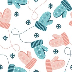 Seamless pattern with knitted mittens and snowflakes on white background. Winter seasonal design. Suitable for textile, fabric, wallpaper, wrapping. Vector illustration.
