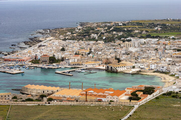 Landscape of Favignana and Famous Florio tuna factory or tonnara. (Egadi) Aegadian Islands, Trapani, Sicily, Italy