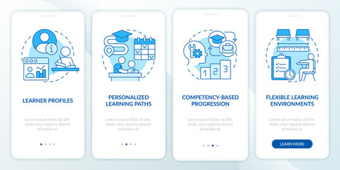 Personalized learning blue onboarding mobile app screen. Education trends walkthrough 4 steps graphic instructions pages with linear concepts. UI, UX, GUI template. Myriad Pro-Bold, Regular fonts used