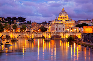 Naklejka na ściany i meble Evening view of Basilica St Peter and bridge Sant Angelo in Vatican City Rome Italy. Rome architecture and landmark. St. Peter's cathedral in Rome.