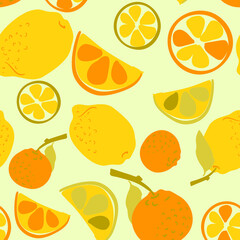 Citrus vector pattern. Lemon, mandarin, lime. Citrus slice. Yellow, green pattern.