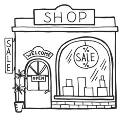 Shop building sketch. Black line doodle drawing