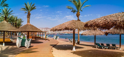 Morning on public beach in Eilat - number one tourist resort and recreational city in Israel