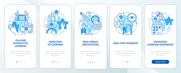 Benefits of gamification blue onboarding mobile app screen. Education walkthrough 5 steps graphic instructions pages with linear concepts. UI, UX, GUI template. Myriad Pro-Bold, Regular fonts used