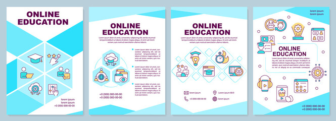 Fototapeta na wymiar Online education blue brochure template. Learning trend. Leaflet design with linear icons. 4 vector layouts for presentation, annual reports. Arial-Black, Myriad Pro-Regular fonts used