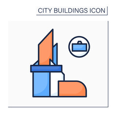 Business centre color icon. Modern architecture downtown office building with suitcase picture. Concept of business office and banking. Touristic navigation. Isolated vector illustration