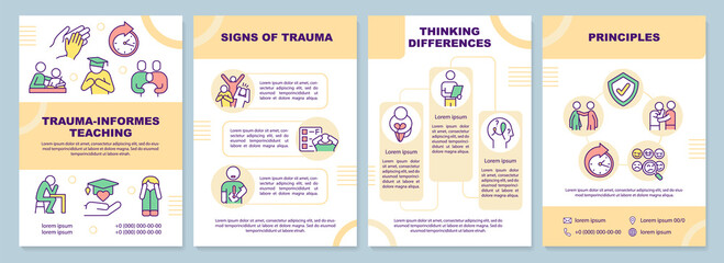 Trauma informed teaching yellow brochure template. Students behavior. Leaflet design with linear icons. 4 vector layouts for presentation, annual reports. Arial-Black, Myriad Pro-Regular fonts used - obrazy, fototapety, plakaty