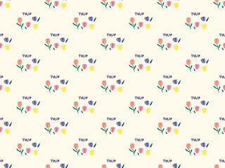 Tulip cartoon character seamless pattern on yellow background.