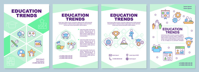 Education trends green brochure template. Learning innovations. Leaflet design with linear icons. 4 vector layouts for presentation, annual reports. Arial-Black, Myriad Pro-Regular fonts used