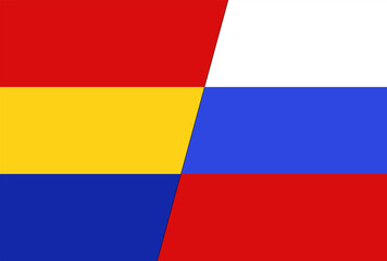 Flags of Romania and Russia separated by a diagonal line. The concept of political and economic relations between the two countries. Simple vector illustration