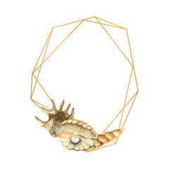 Hand-drawn Gold frame with shells, beach illustration. Watercolor seashells on a white isolated background