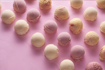 Composition of organic ice cream balls of different flavors.