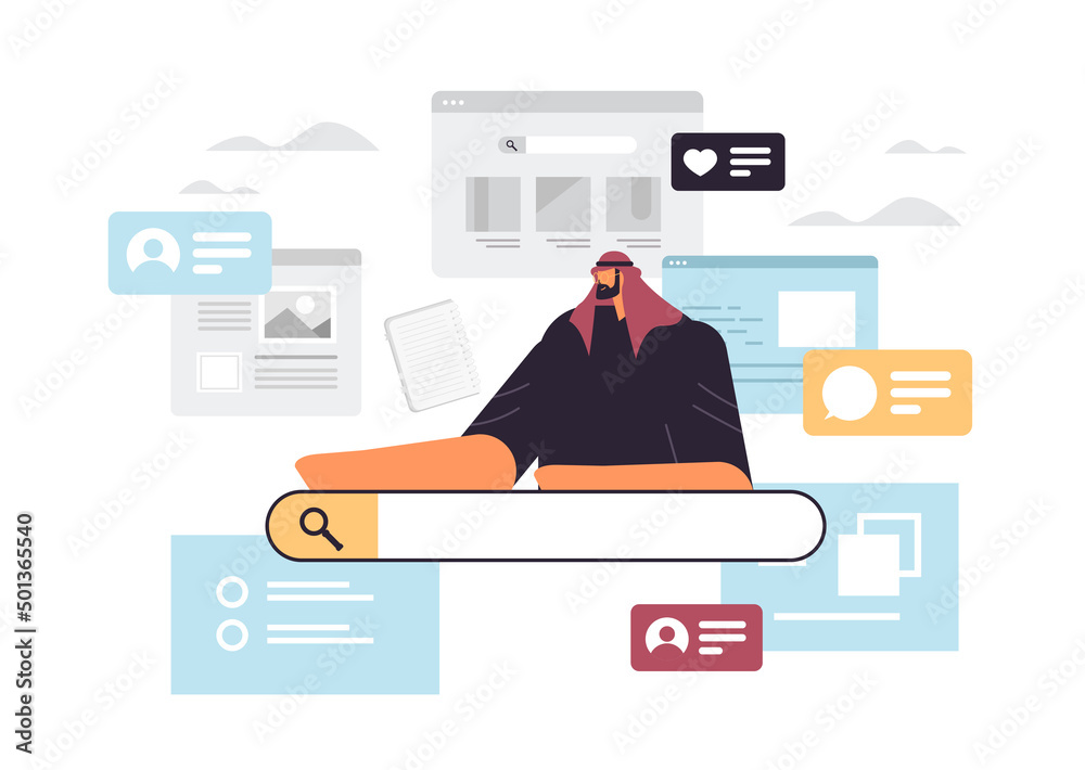 Poster businessman using web browser man searching information web page data analyzing online network searc