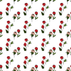 red and pink wild rose on white background. Isolated Blooms seamless pattern for chiffon dress fabric