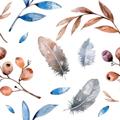 autumn seamless pattern on a white background, sky, nature watercolor, leaves, twigs and feathers