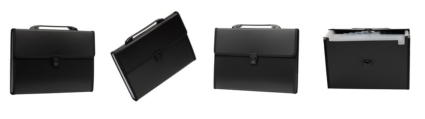 Collage. Various types of black plastic briefcase with a pen for documents: open, closed, side...
