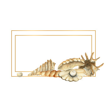 Hand-drawn Gold frame with shells, beach illustration. Watercolor seashells on a white isolated background
