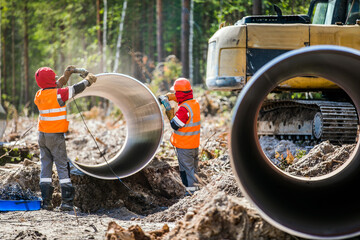 Workers at a gas pipeline construction site grinding large diameter pipes