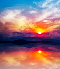 A White Flying Jet over an Amazing Cloudy Sunset Reflection.