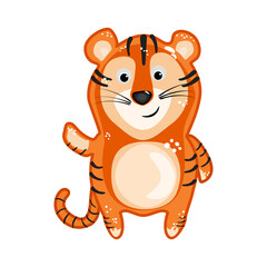 Tiger isolated on white background. Cute tiger cub cartoon character. Funny animal sticker. Lovely tiger with black stripes waving hand.Friendly little jungle kitty mascot standing.Vector illustration