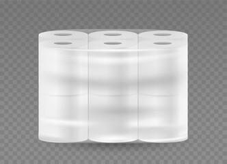 Toilet paper transparent big package. 12 white rolls in plastic wrapping isolated on transparent background. Vector realistic Mockup. Blank template. EPS10.