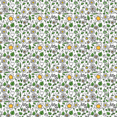 Colored seamless floral vector pattern. Doodle floral pattern on white background. Vintage floral illustration with white flowers