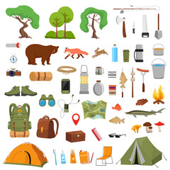 Camping big set. Set for camping and hiking, painted elements - tent, fire, map and wildlife. Camping things for design.