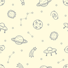 Cosmos doodle is a set of vector illustrations. Seamless pattern icons of space elements,