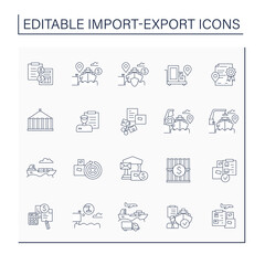 Import and export line icons set.Exchange of capital, goods, and services across international borders or territories.International trade concept. Isolated vector illustrations. Editable stroke
