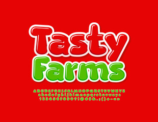 Vector colorful Emblem Tasty Farms. Cute Green Alphabet Letters and Numbers set. Creative Font