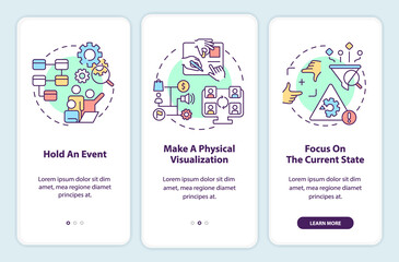 Value stream mapping best practices onboarding mobile app screen. Walkthrough 3 steps graphic instructions pages with linear concepts. UI, UX, GUI template. Myriad Pro-Bold, Regular fonts used