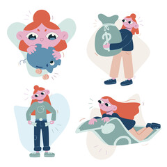Set vector flat cartoon illustrations. The girl carries a bag of money, shakes the piggy bank with coins, empty pockets