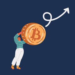 Cartoon vector illustration of woman hold bitcoin.