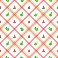 Cute Watermelon Fruit Element Red Green Diagonal Stripe Striped Line Tilt Checkered Plaid Tartan Buffalo Scott Gingham Pattern Flat Cartoon Vector Seamless Pattern Print Background Food