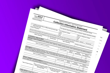 Form 433-F documentation published IRS USA 04.19.2019. American tax document on colored